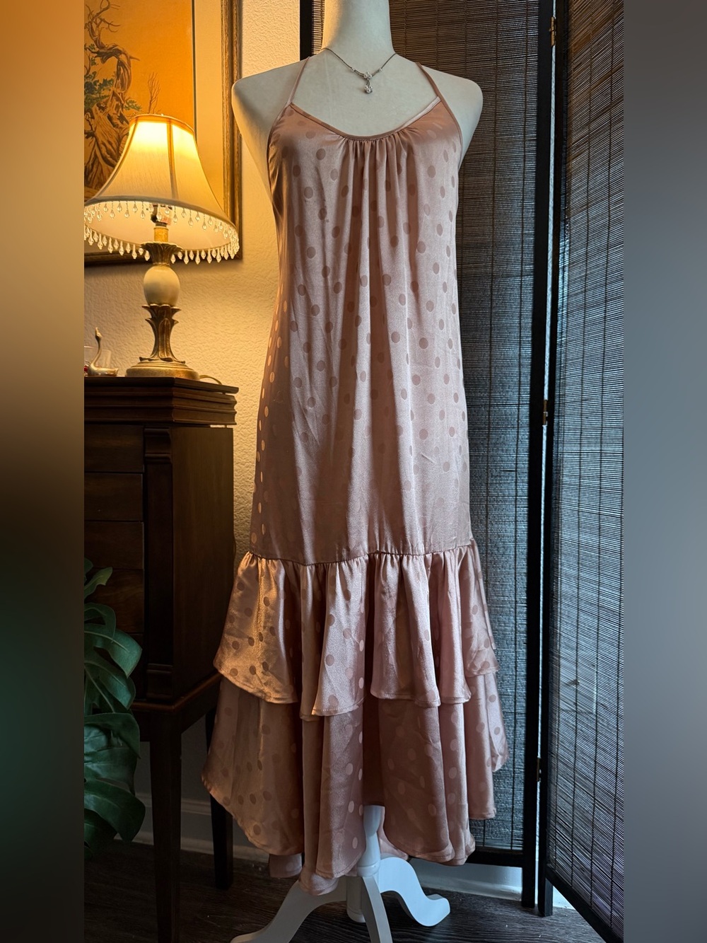 STORIA Blush Pink Satin Polka Dot Ruffle Maxi Dress L